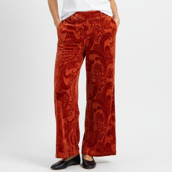 Urban Outfitters Orange Sheer Burnout Velvet Paisley Print Flair Hem Pants 4 - Picture 1 of 6